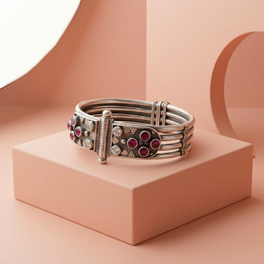 Vintage Oxidized Silver Ruby Floral Kada