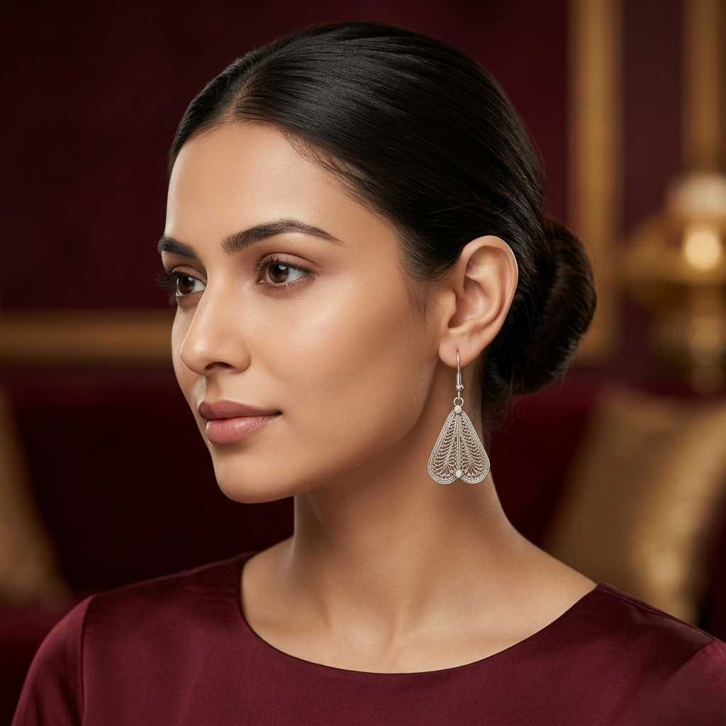 Ornate Silver Filigree Leaf Drop Earrings