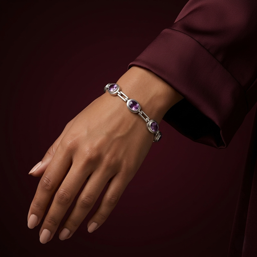 Elegant 92.5 Silver Amethyst Link Bracelet