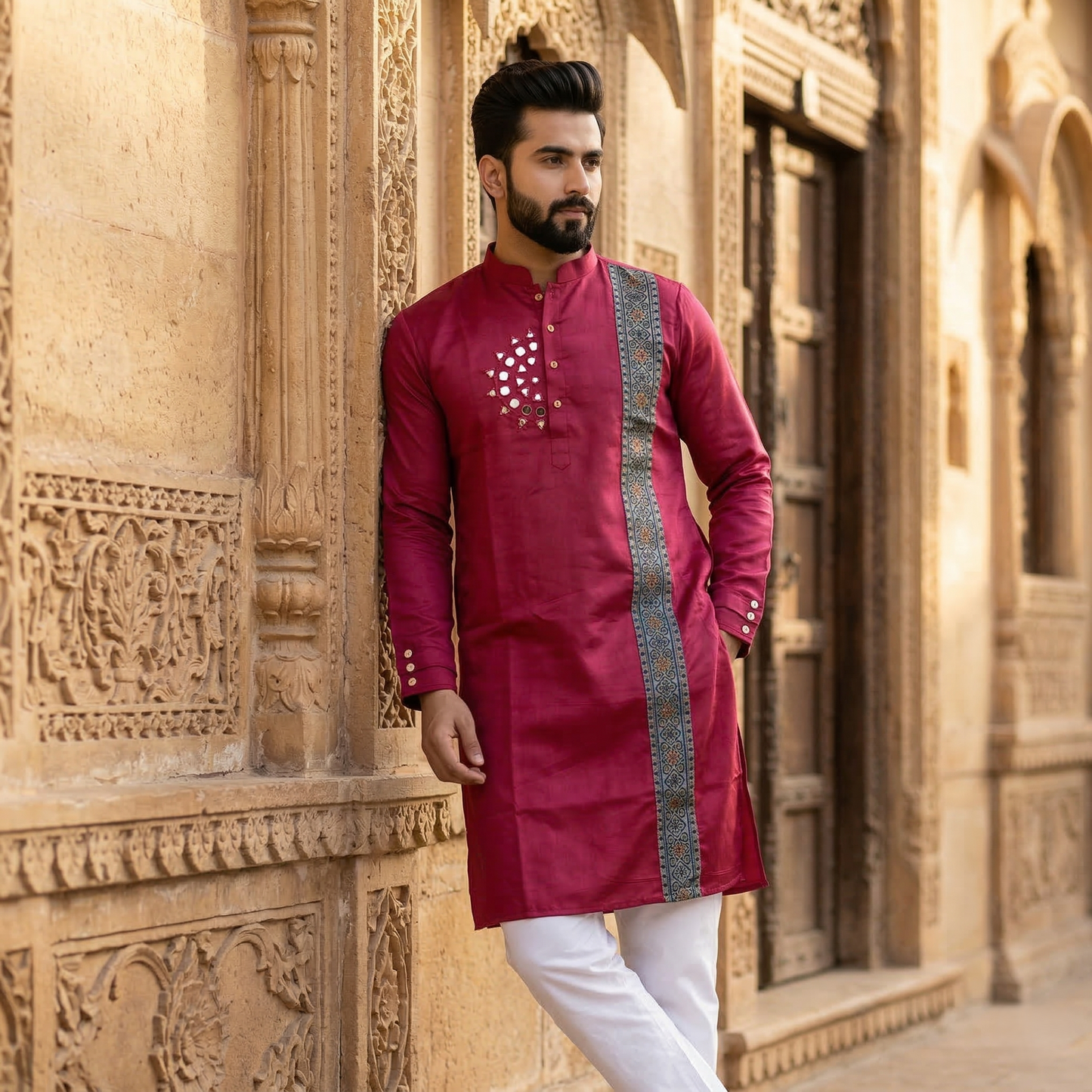 Crimson Modal Silk Kurta with Ethnic Accents