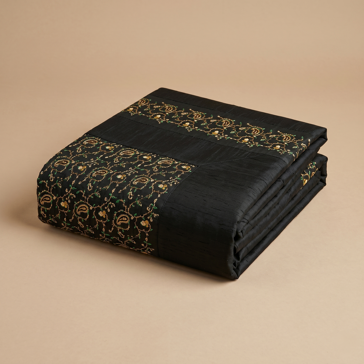 Matte Black Silk Embroidered Luxury Bedcover