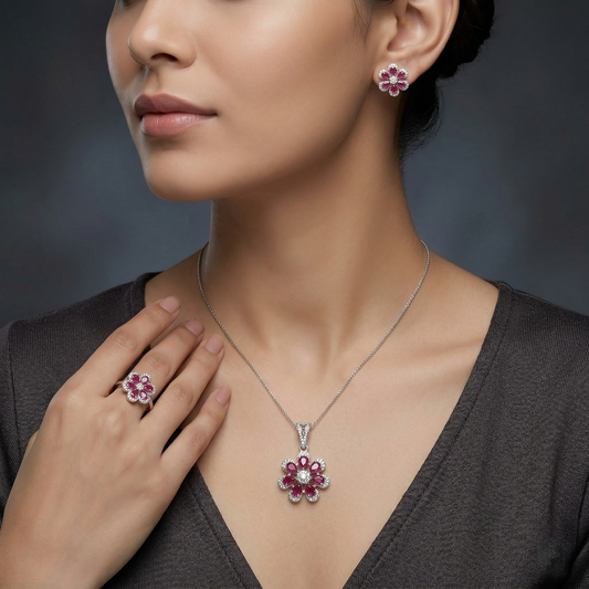 Exquisite Ruby Floral 92.5 Silver Set