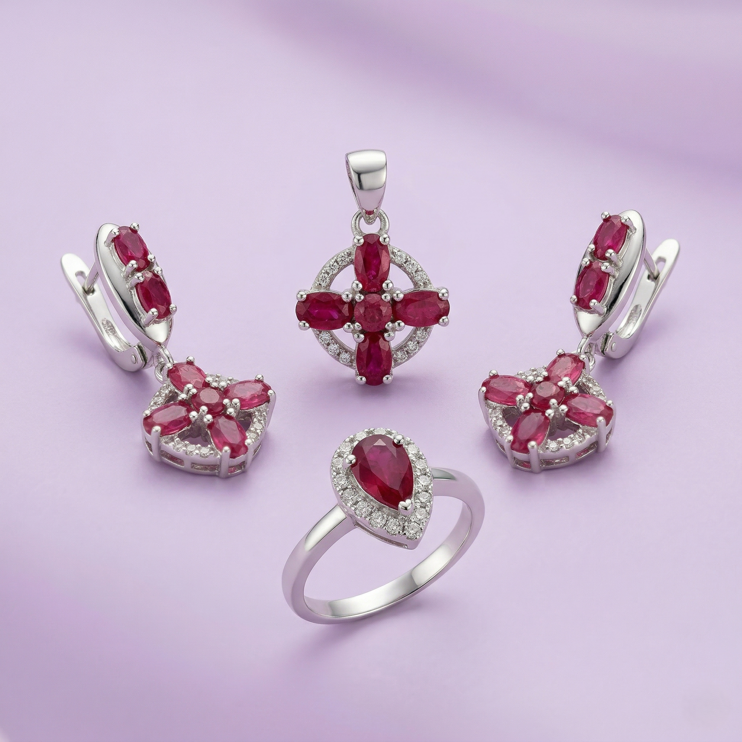 Regal Crimson Bloom Silver Pendant Set