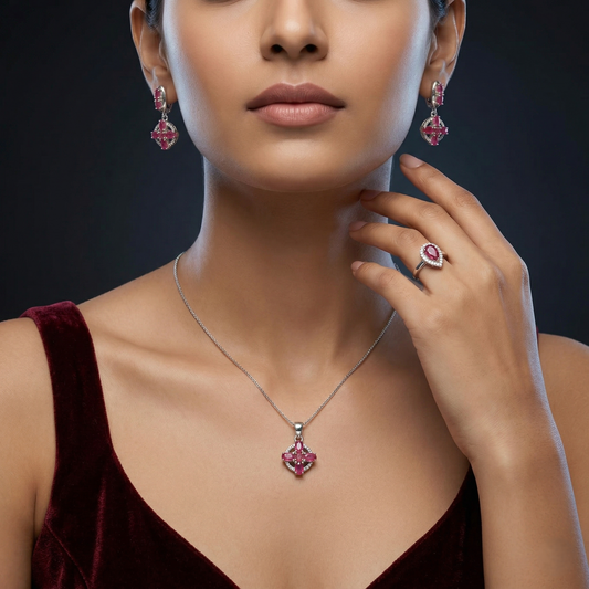 Regal Crimson Bloom Silver Pendant Set