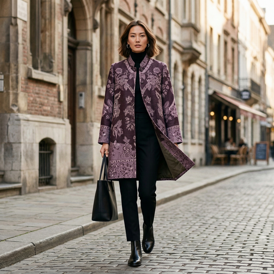 Regal Plum Floral Brocade Nehru Long Coat