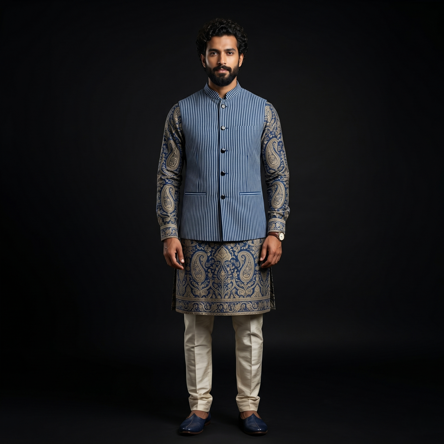 Indigo Pinstripe Silk Heritage Nehru Jacket
