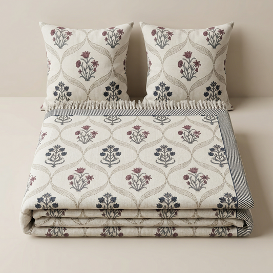Heritage Bloom Hand-Block Khadi Bedcover Set