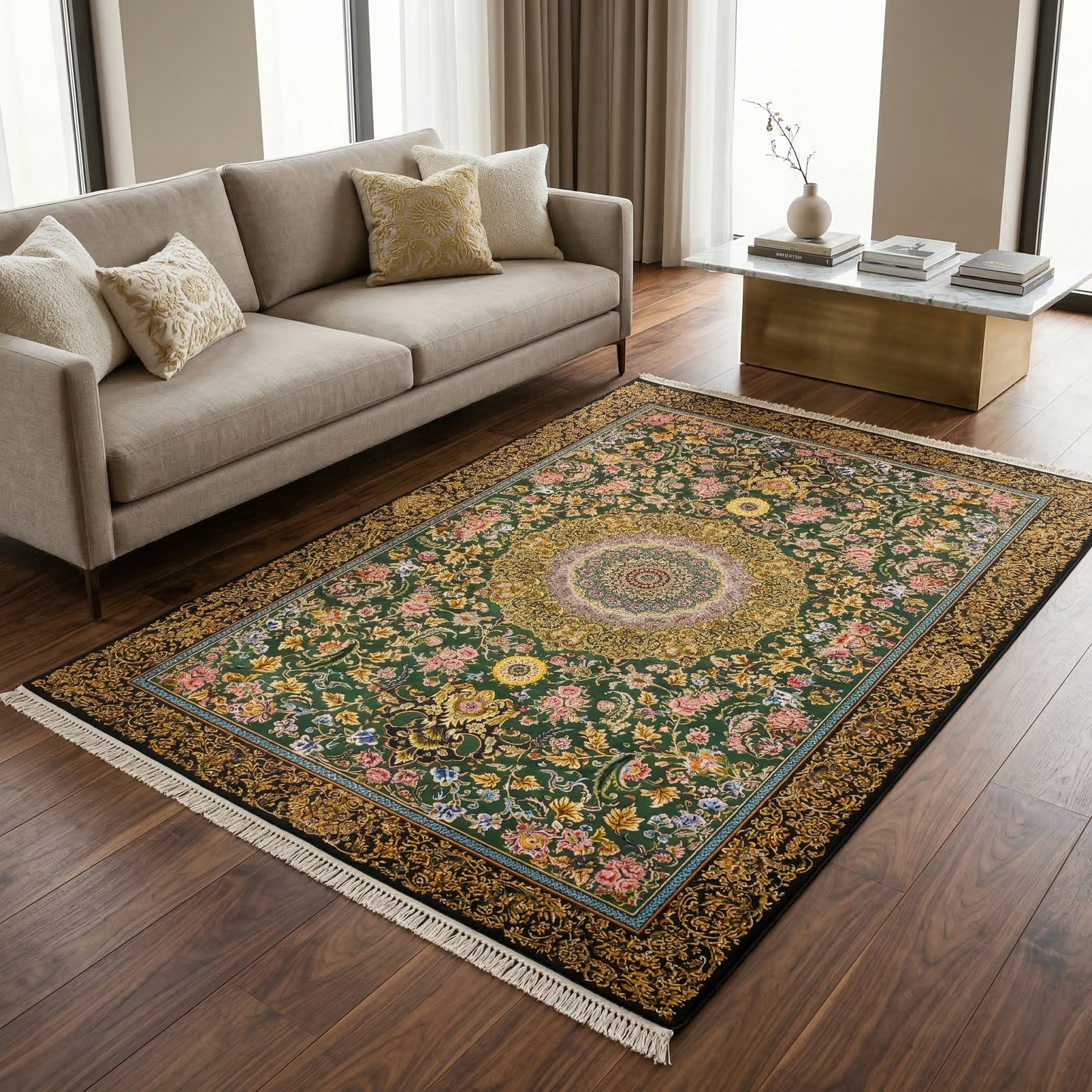 Royal Emerald Persian Floral Silk Rug