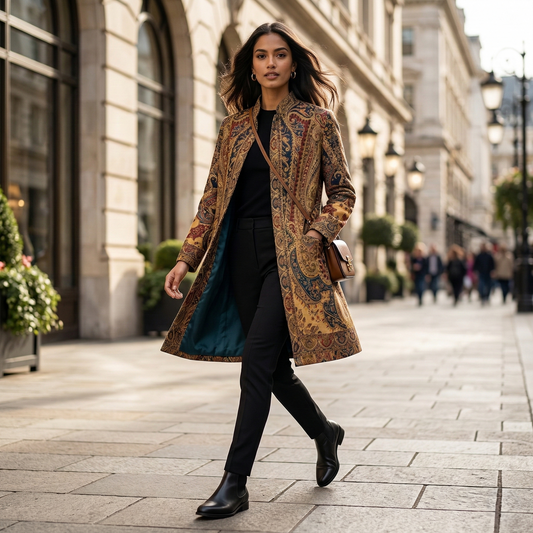 Intricate Paisley Mandarin Stand Collar Coat