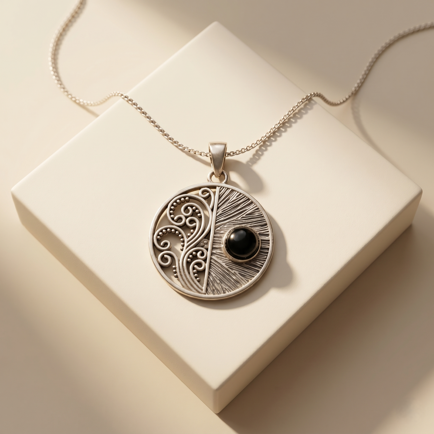 Vintage Filigree Onyx Silver Circular Pendant