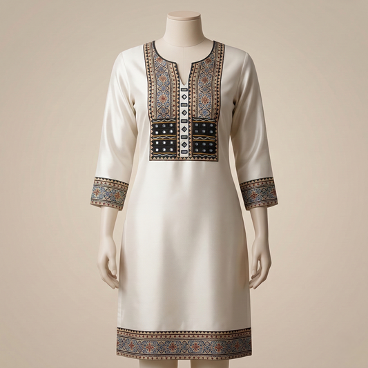 Ivory Silk Kurti with Tribal Embroidery