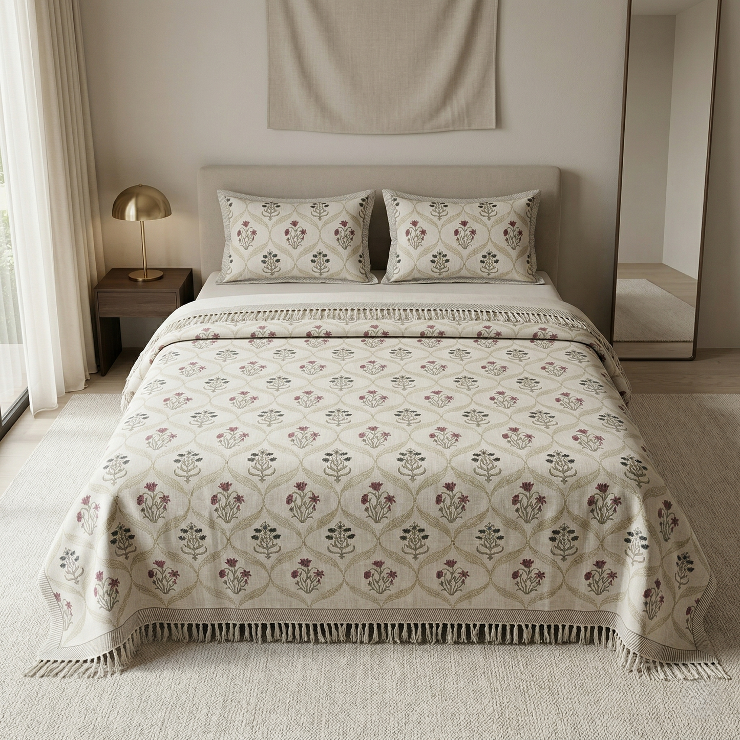 Heritage Bloom Hand-Block Khadi Bedcover Set