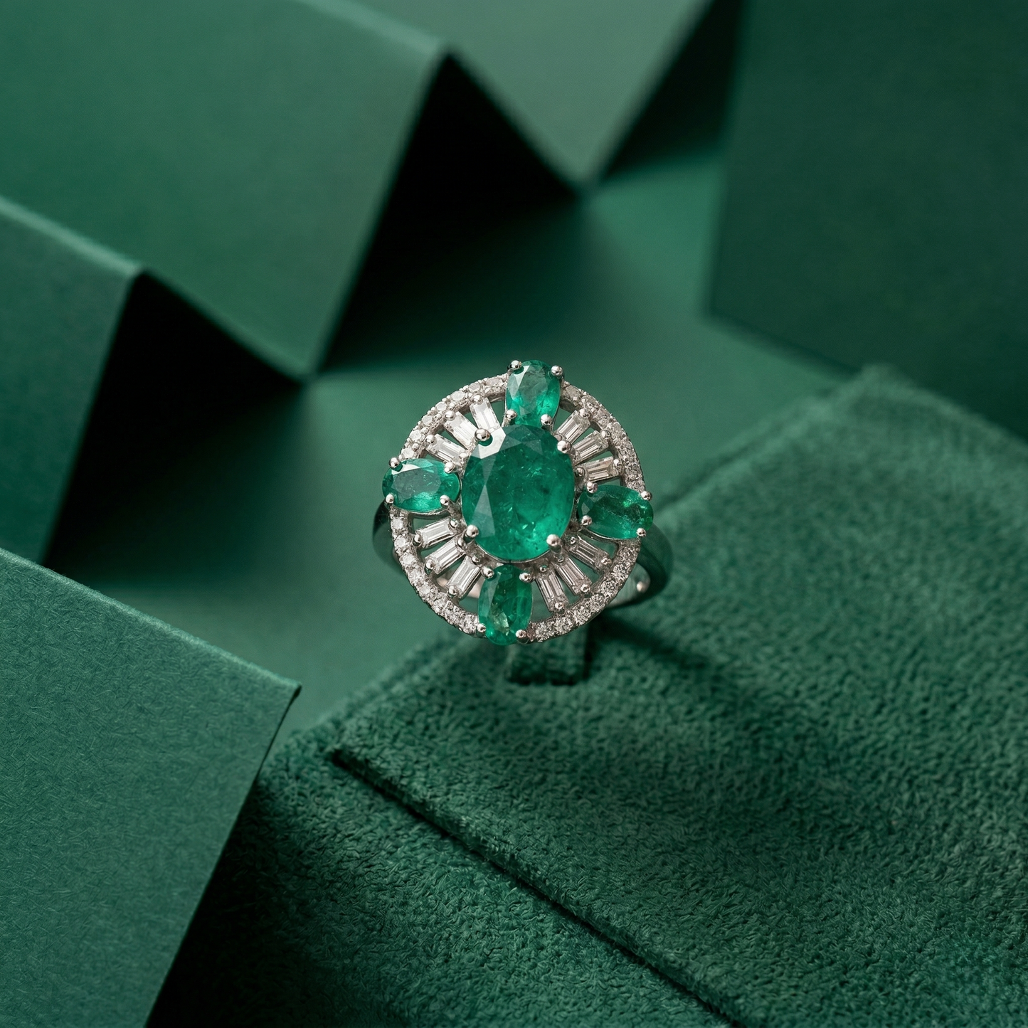 Silver Emerald Cluster Halo Statement Ring