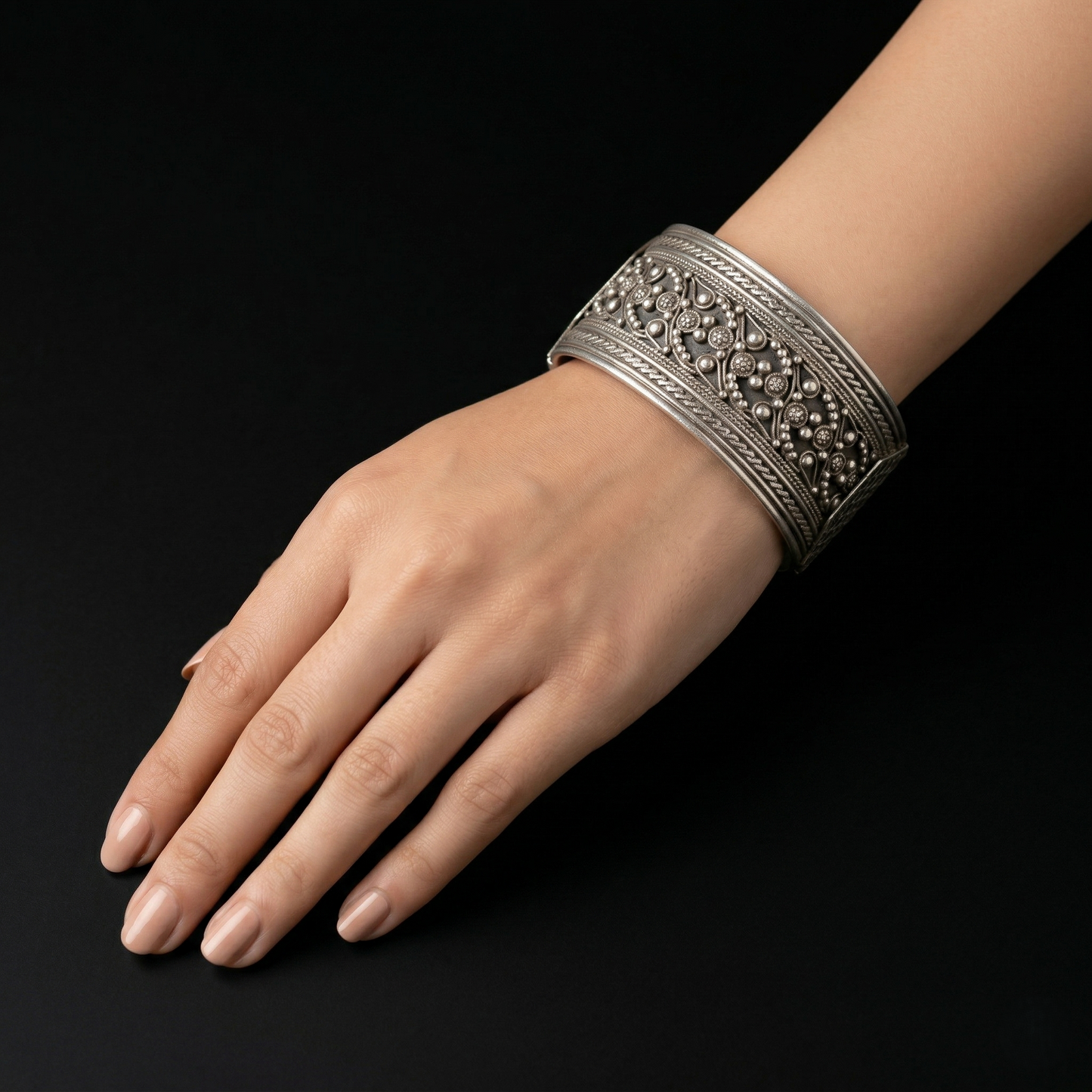 Intricate Filigree Ornate Silver Kada Bracelet
