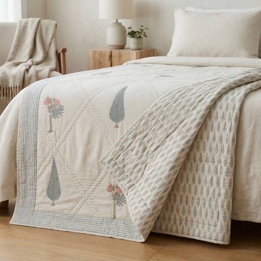 Hand Block Printed Floral Diamond Quilt
