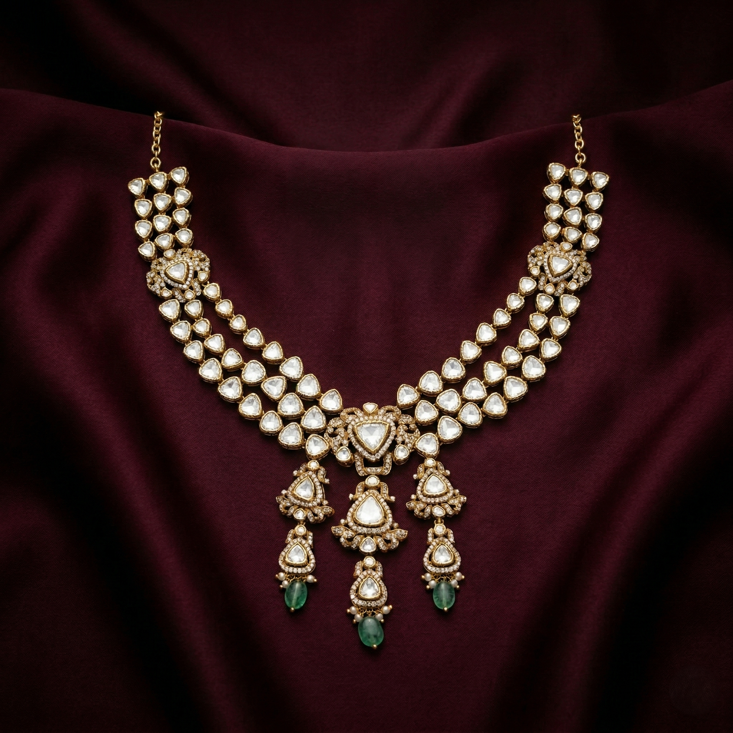 Regal Polki-Style Silver Emerald Necklace Set