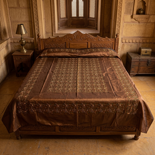 Regal Bronze Silk Embroidered Luxury Bedcover