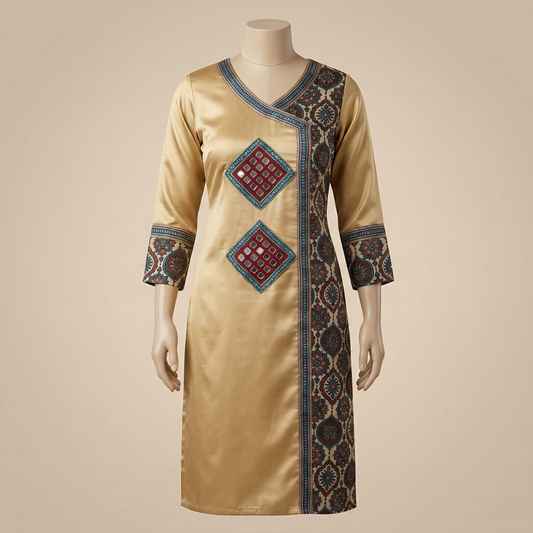 Gold Silk Kurti with Ajrakh Accents