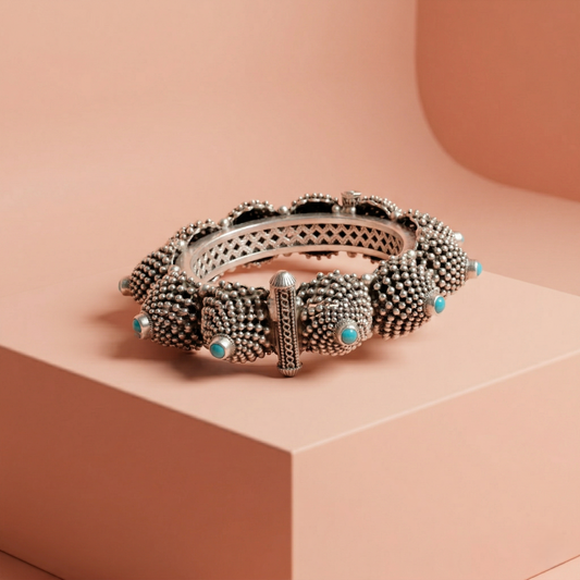 Intricate Turquoise Studded Silver Artisanal Kada
