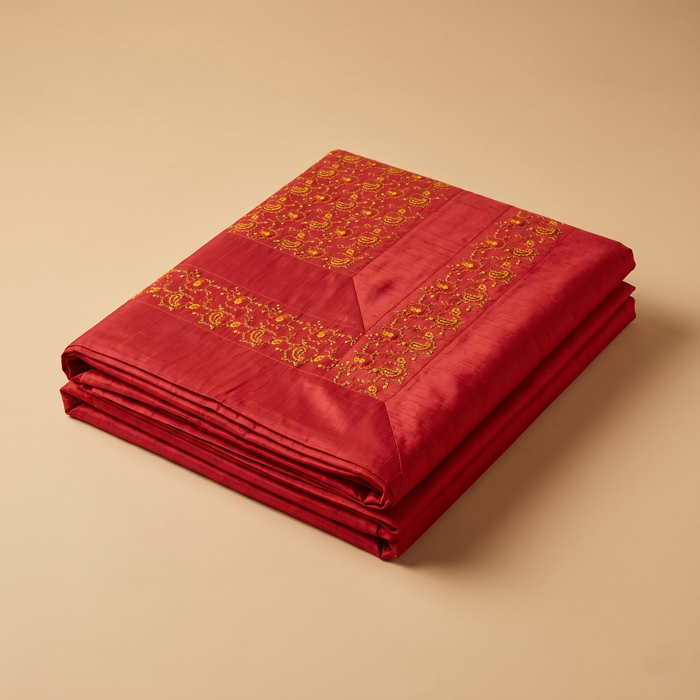 Deep Orange Silk Gold Embroidered Bedcover