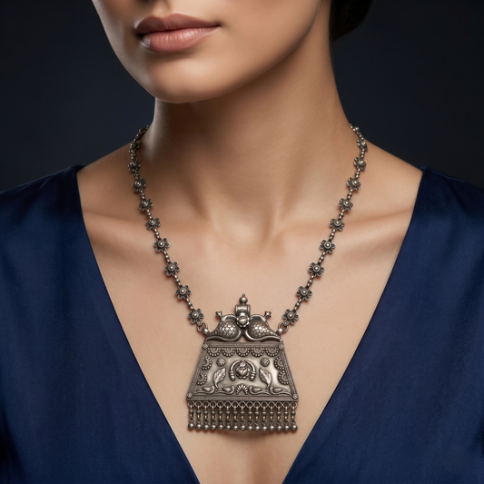 Intricate Floral Silver Necklace With Pendant