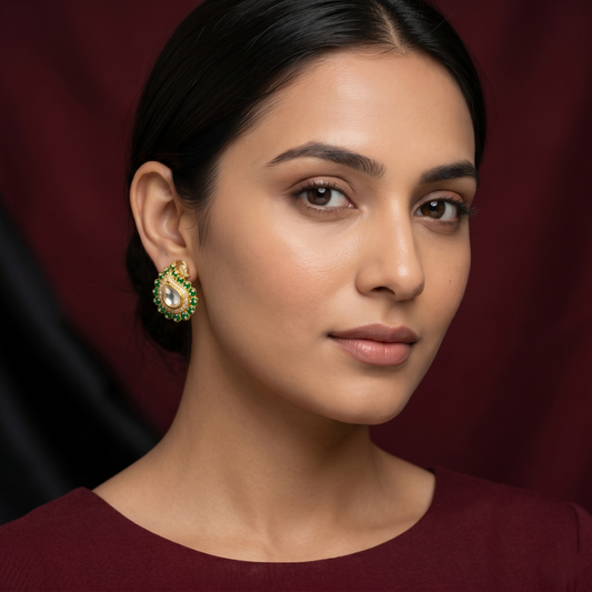 Emerald Paisley Gold Plated Silver Earrings