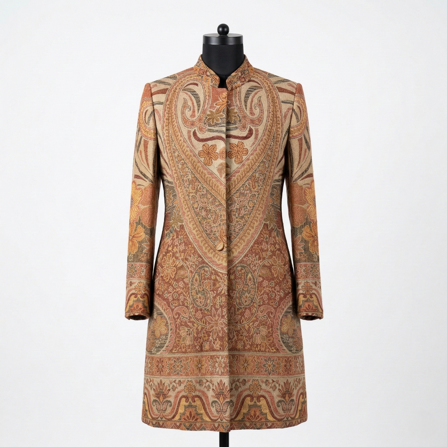 Ornate Earth Tone Paisley Jacquard Long Coat