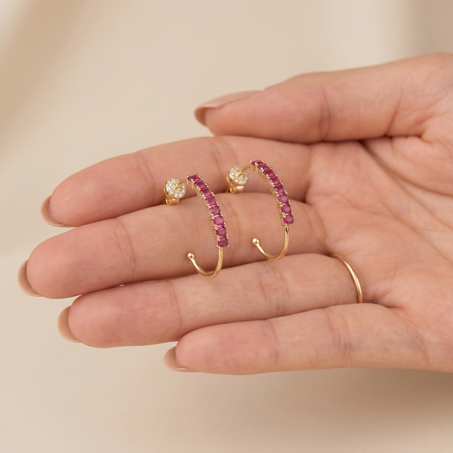 Pink Tourmaline Minimalist Gold J-Hoops