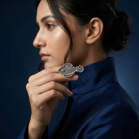 Ornate Silver Fish Statement Cocktail Ring