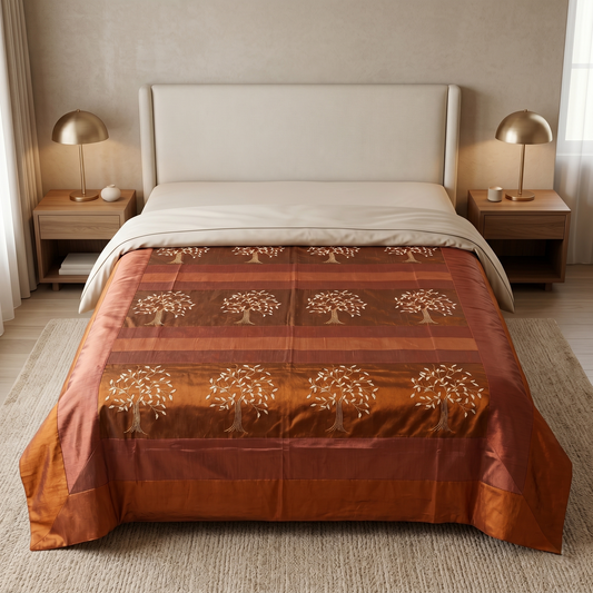 Luxury Silk Embroidered Tree Bedcover Set