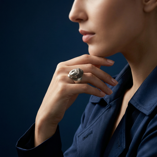 Serene Silver Buddha Head Statement Ring