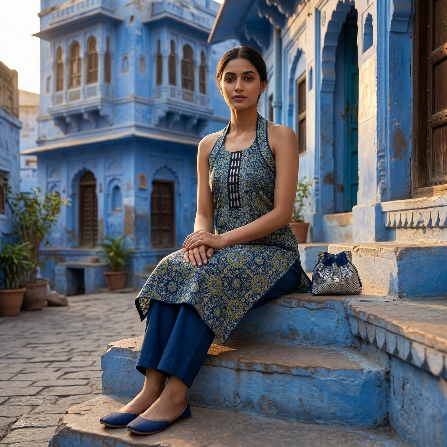 Indigo Halter Block Print Sleveless Kurti