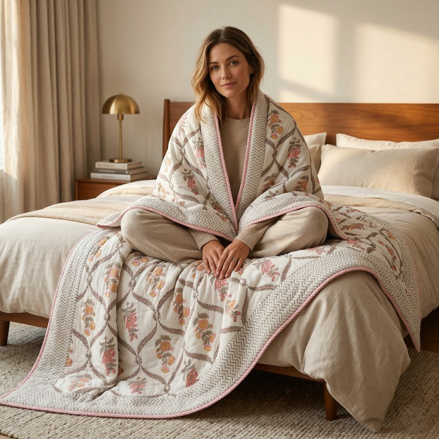 Handcrafted Floral Lattice Reversible Cotton Quilt