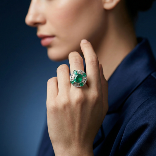 Silver Emerald Cluster Halo Statement Ring
