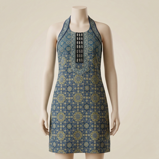 Indigo Halter Block Print Sleveless Kurti