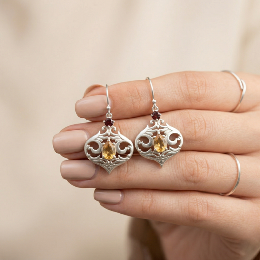 Vintage Silver Filigree Gemstone Drop Earrings