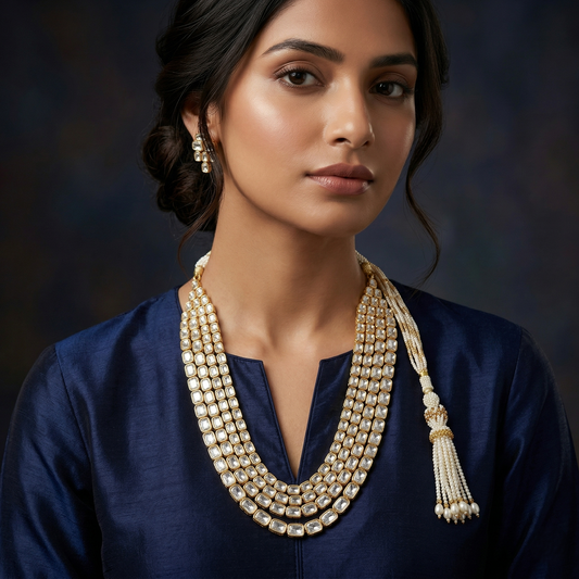 Regal Triple Layer Kundan Silver Necklace