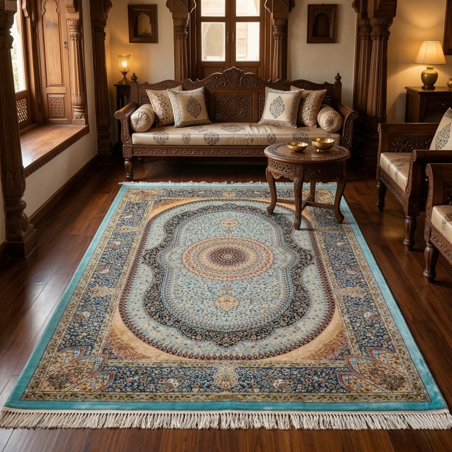 Royal Turquoise Medallion Hand Knotted Silk Rug