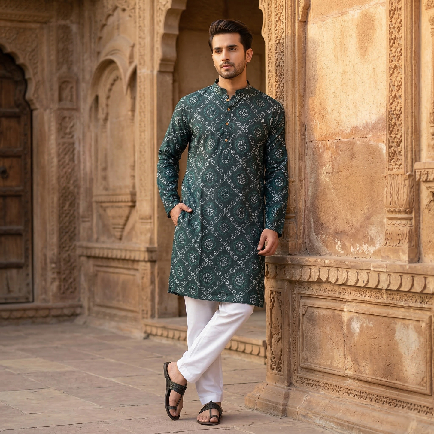 Royal Emerald Bandhani Print Silk Kurta