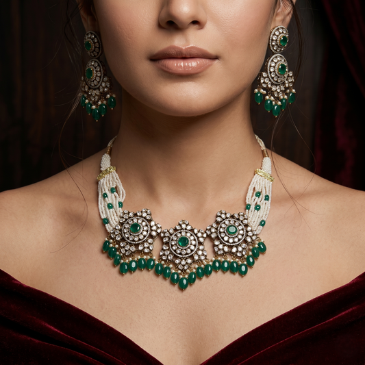 Vintage Silver Emerald Kundan Choker Set