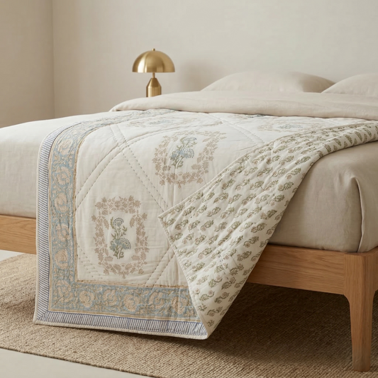 Elegant Sage Diamond Hand Block Quilt