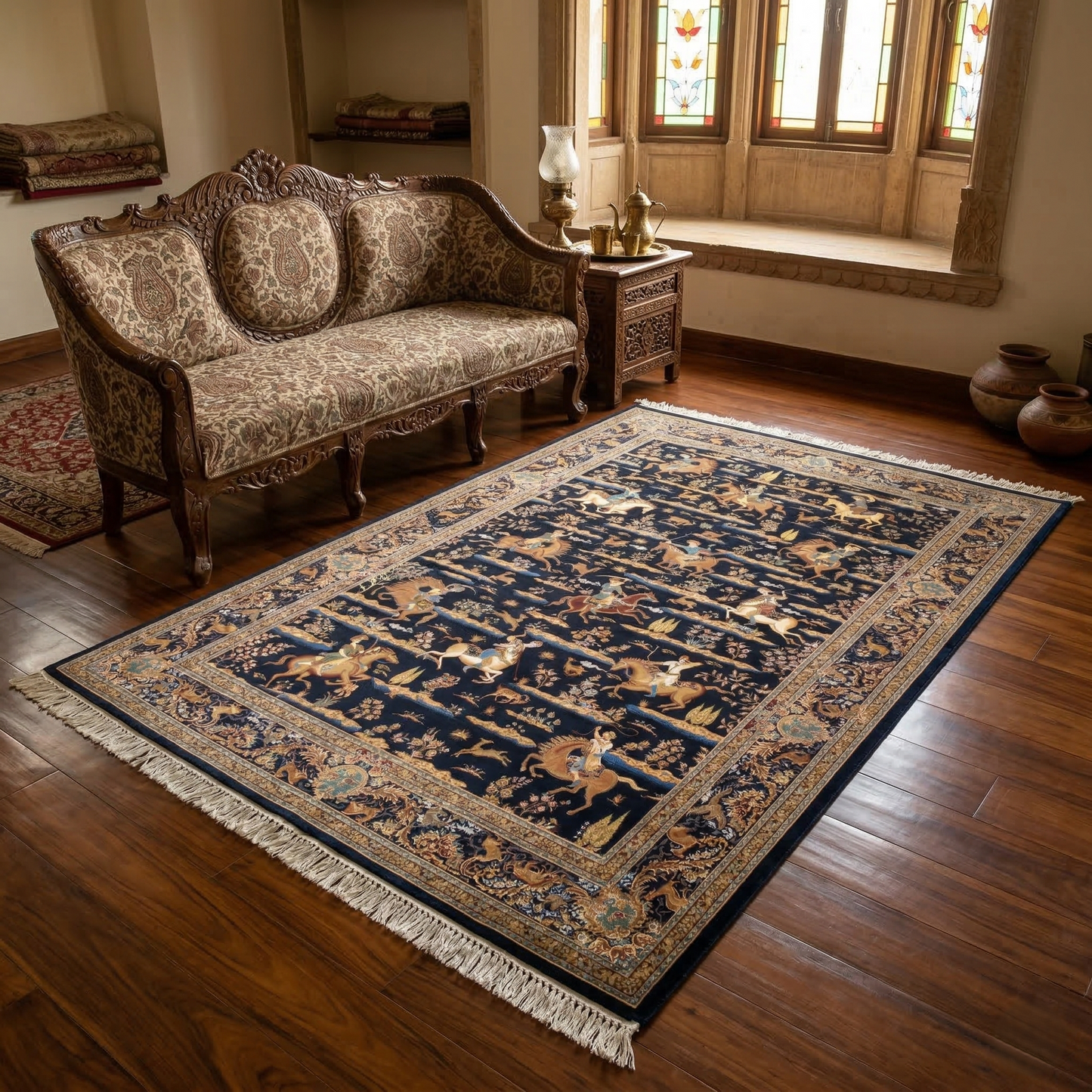 Navy Shikargah Handcrafted Hunting Scene Rug