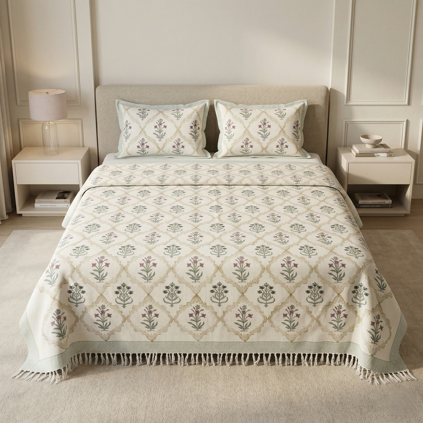 Vintage Floral Hand-Blocked Khadi Bedcover Set