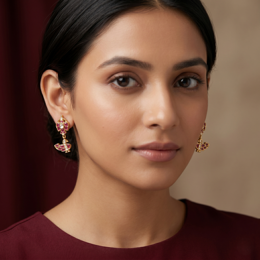 Gold Plated Ruby Bird Silver Earrings
