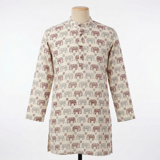 Regal Elephant Print Hand Block Kurta