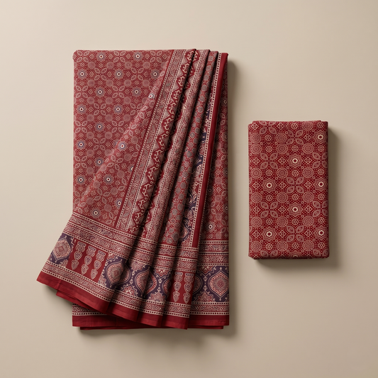 Elegant Ajrakh Print Maroon Cotton Saree