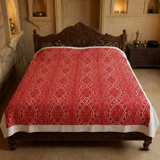 Handcrafted Geometric Maroon Cotton Luxury Bedcover