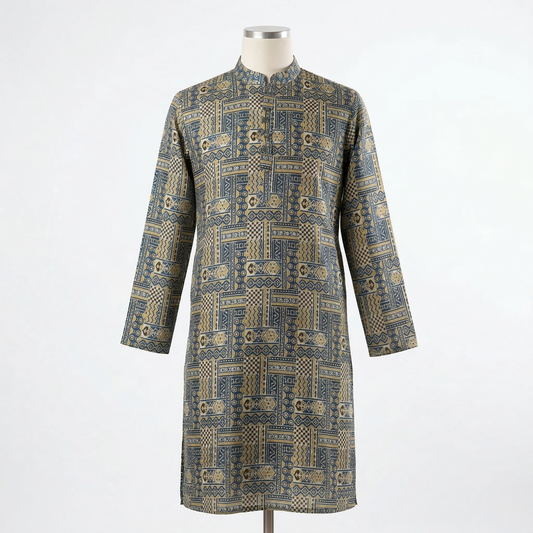 Geometric Azure Print Cotton Mens Kurta
