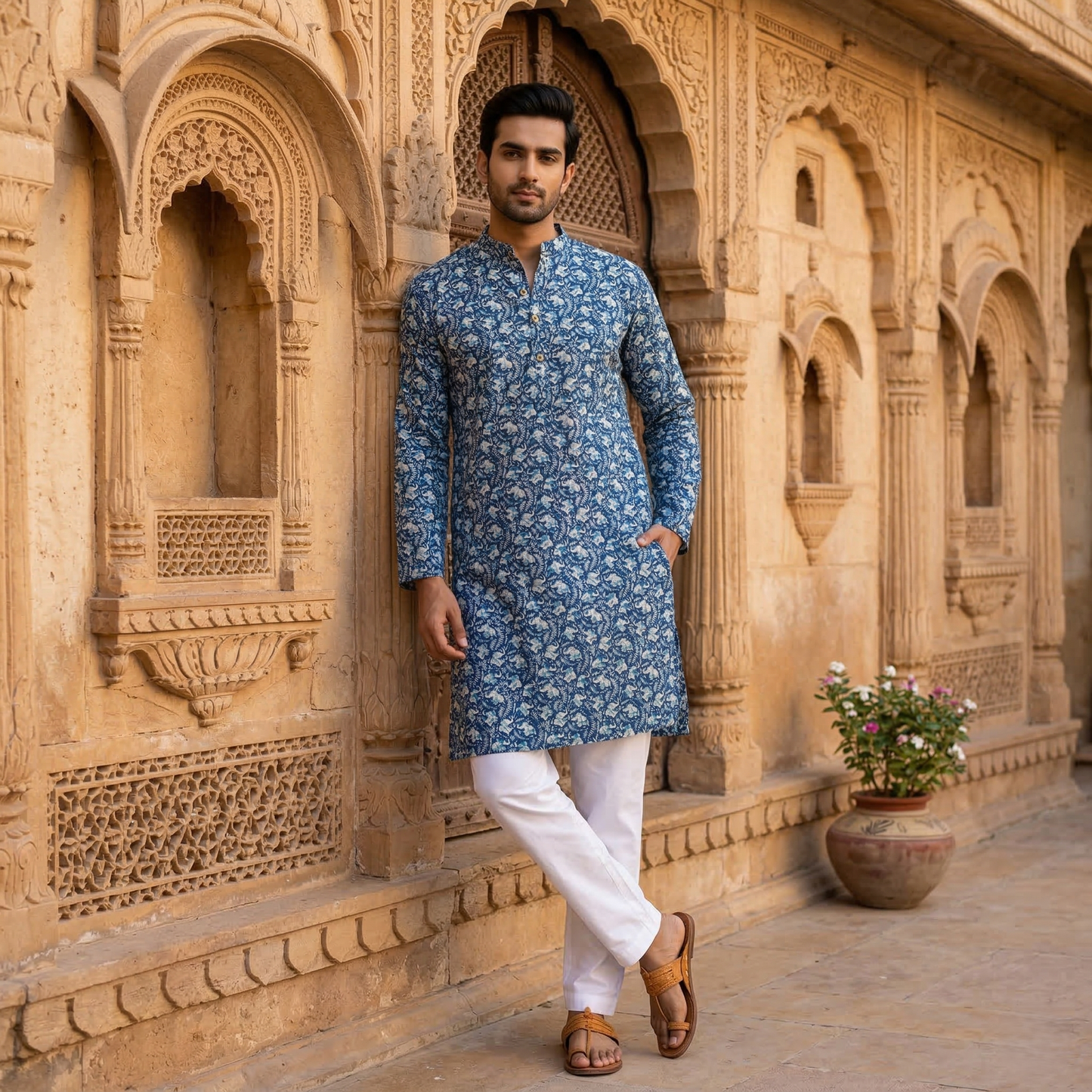 Indigo Floral Print Cotton Men's Kurta