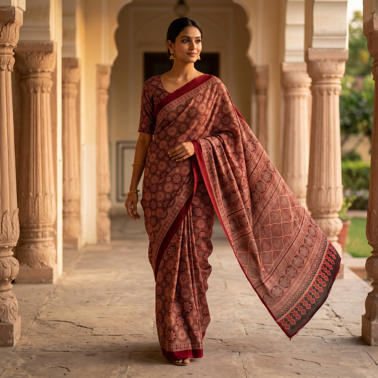 Maroon Ajrakh Print Traditional Cotton Saree